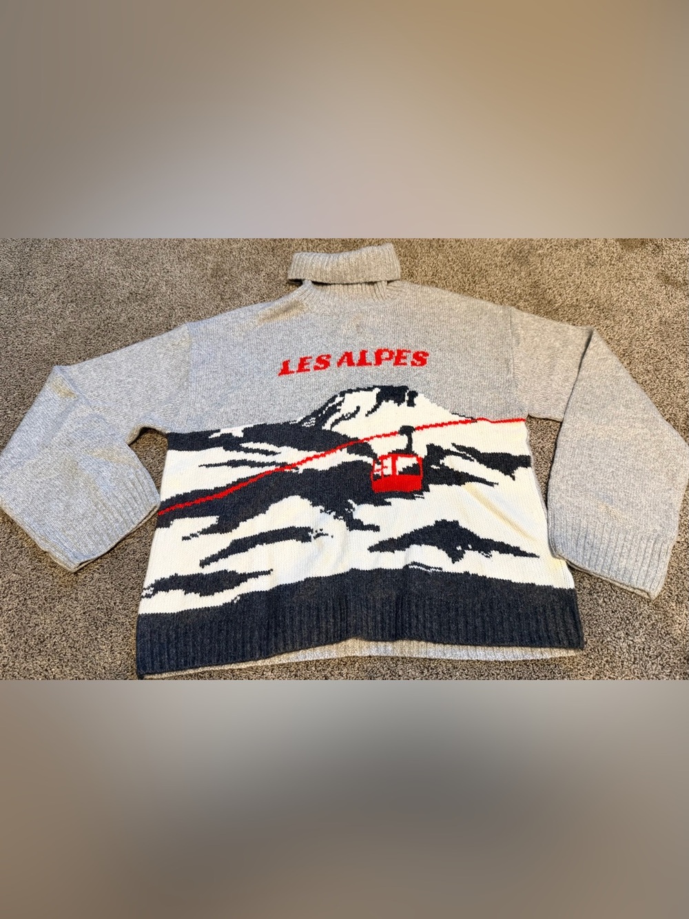 H&M Gray, Black, Cream and Red 'Les Alpes' Cable Knit Turtleneck Sweater